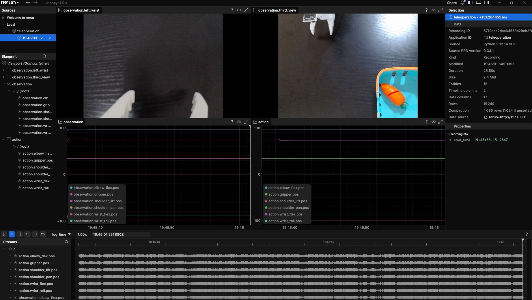 Teleoperation and rerun interface showing wrist-view, third-view, observations, and action traces.