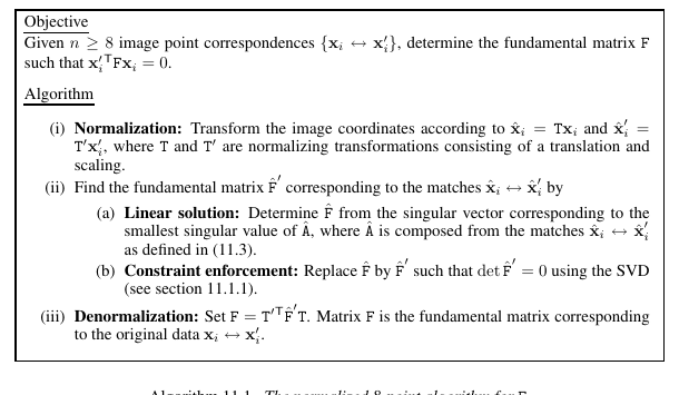 Hartley and Zisserman's normalized 8-point algorithm: normalize points, estimate a fundamental matrix, enforce rank two, and denormalize.