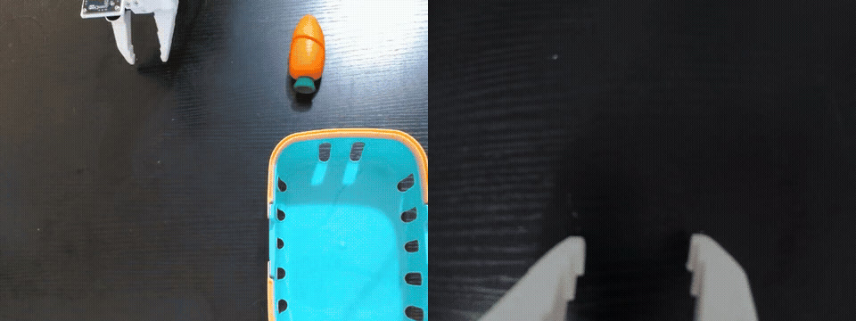 Side-by-side third-person and wrist-camera views from the SO-101 carrot-to-box dataset.