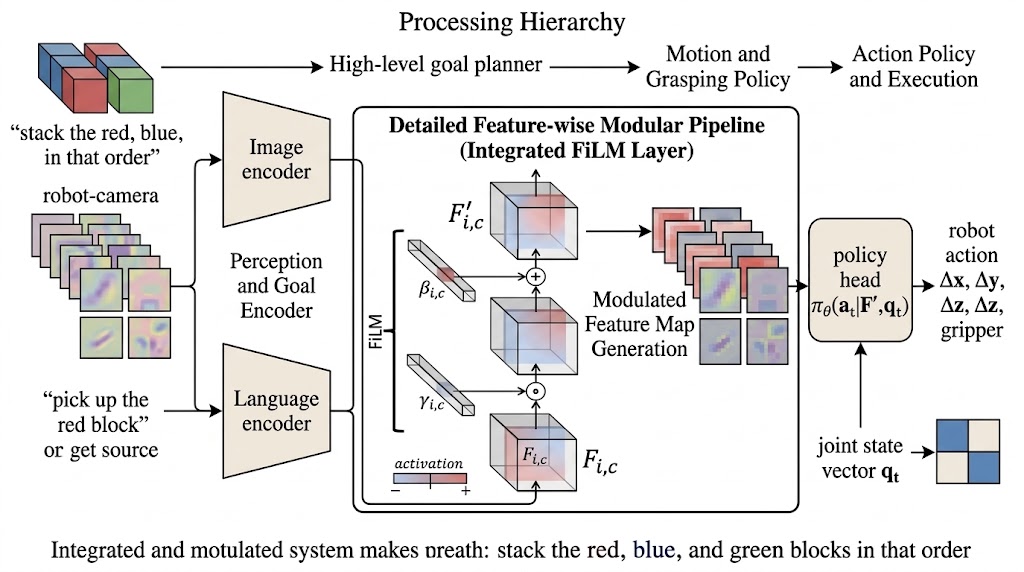 A conceptual robot-control pipeline with a language-conditioned FiLM layer. Image and language encoders produce visual features and the scale and shift vectors gamma and beta; FiLM modulates the visual feature map before a policy head combines it with joint state to output robot actions.